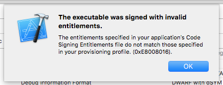 Xcodeで実機デバッグを行う際「The executable was signed with invalid entitlements.」というエラーが出る